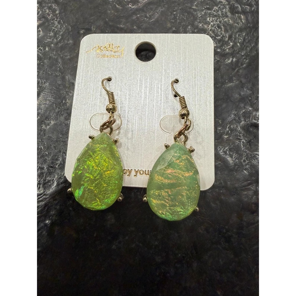 Ashley Collection Green Iridescent Teardrop Dangle Earrings Gold Tone Statement